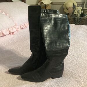 Black Croc-Embossed Knee-High Boots